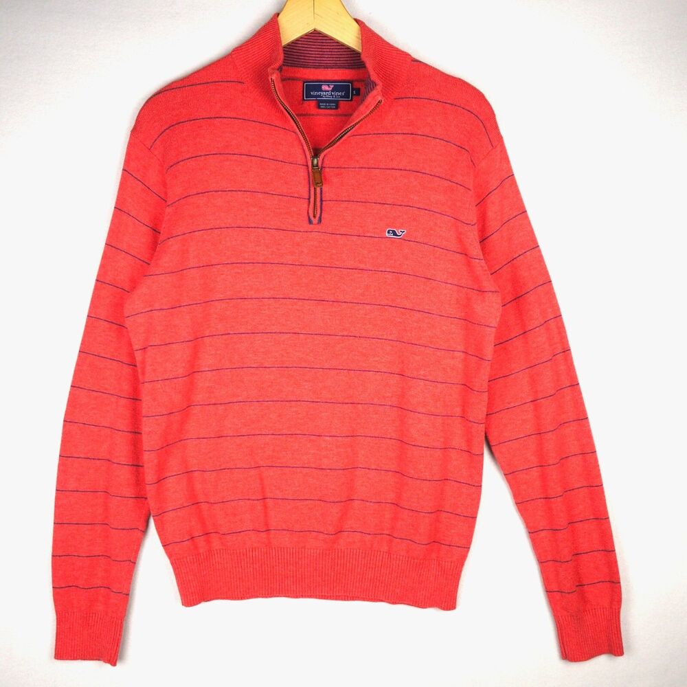 Vineyard Vines Mill River 1/4 Zip Pullover Sweater Mens S Pink Striped Whale